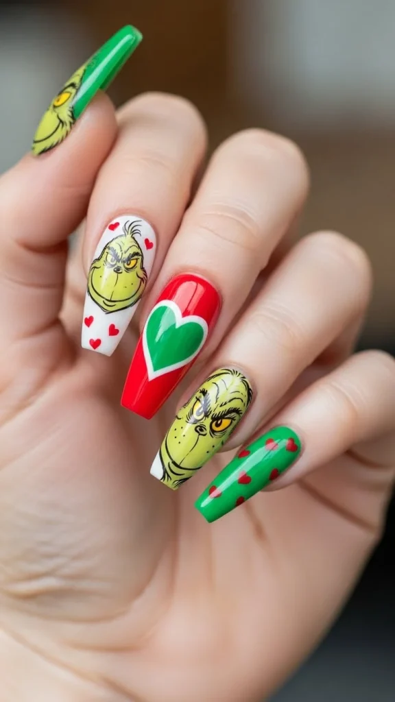 Grinch Nails: Festive Ideas, Designs & the Ultimate Christmas Nail Guide 32 Grinch press-on nails featuring cartoon faces and tiny hearts, shown with a glossy finish