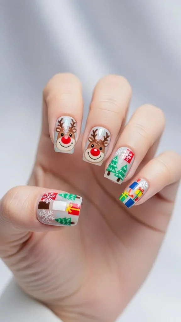 Reindeer Nails: 35 Charming Christmas Nail Designs Inspired by Rudolph, Winter Forests & Holiday Magic 35 Press-on reindeer nails with glossy cartoon reindeer faces, winter forest accents, mix-and-match holiday designs