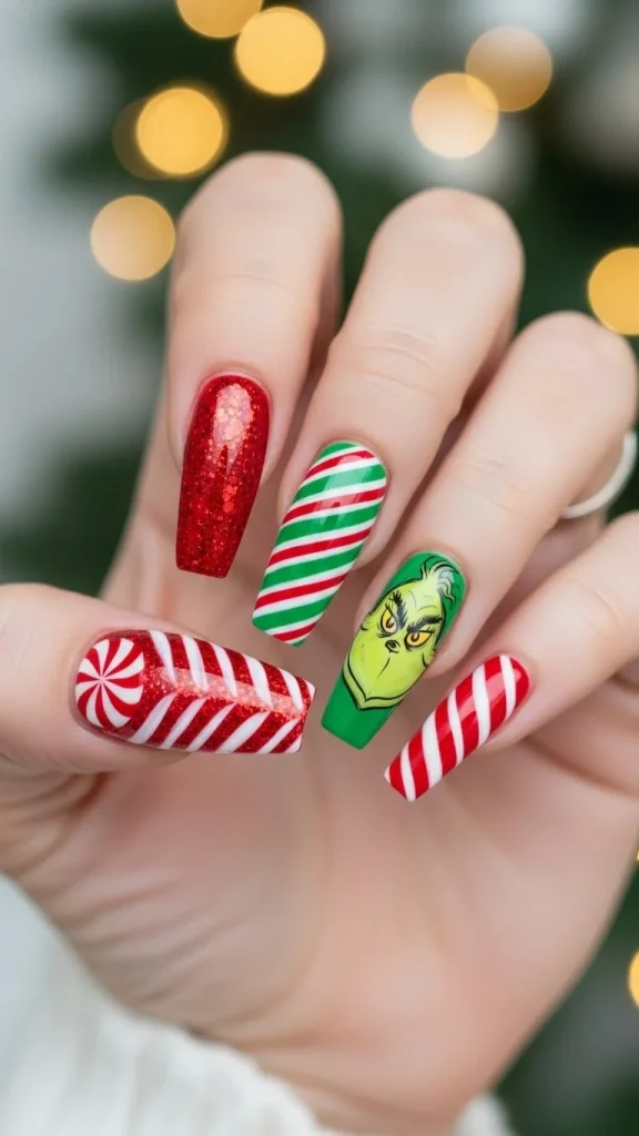 Grinch Nails: Festive Ideas, Designs & the Ultimate Christmas Nail Guide 25 Long coffin nails in red and green with candy-cane stripes, red glitter accents, and a Grinch face on one nail, shown against softly blurred holiday lights.