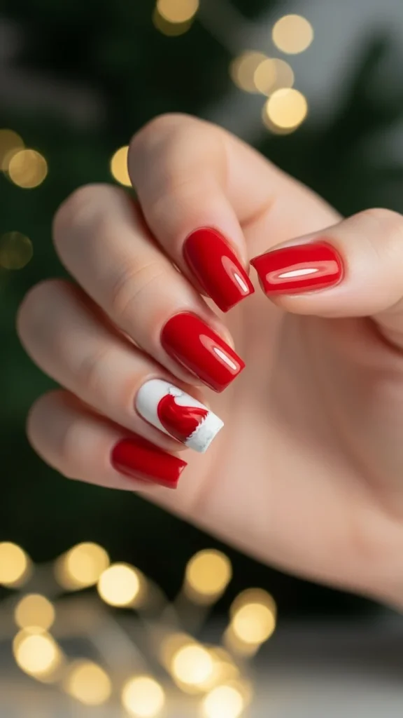 Santa Hat Nails: 25 Cute, Festive & Easy Christmas Nail Ideas🎄 11 Red Christmas nails with one Santa hat accent nail, glossy traditional red polish, fluffy white trim on accent