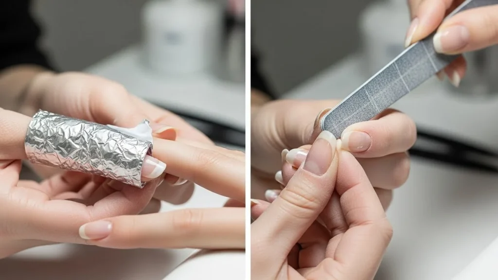 image showing Gel-X nail soaking off in acetone wrap on one side and acrylic nail being gently filed down on the other