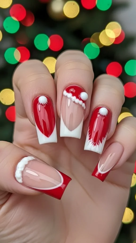 Santa Hat Nails: 25 Cute, Festive & Easy Christmas Nail Ideas🎄 3 Medium square nails with Santa hat French tips featuring red angled tips, fluffy white gel trim, and small pom-pom details on a clean neutral base