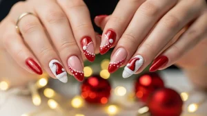 Short to medium almond nails with Santa hat gel nail art, featuring bright glossy red hats with smooth white trim, shown in an ultra-detailed macro close-up with soft sparkling holiday lights in the background.