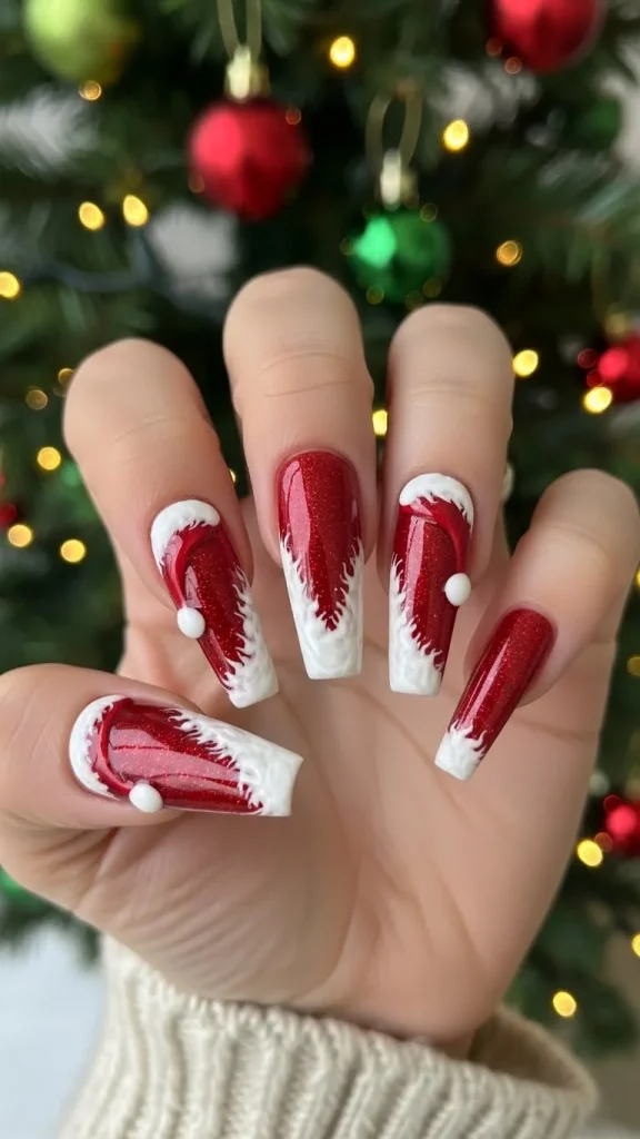 Santa Hat Nails: 25 Cute, Festive & Easy Christmas Nail Ideas🎄 8 Long Santa hat nails with detailed fluffy white borders, glitter shading, and elongated hat shapes on coffin nails,