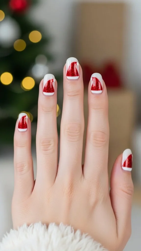 Santa Hat Nails: 25 Cute, Festive & Easy Christmas Nail Ideas🎄 7 Short Santa hat nails with small red hat designs on round short nails, clean white trim, glossy finish