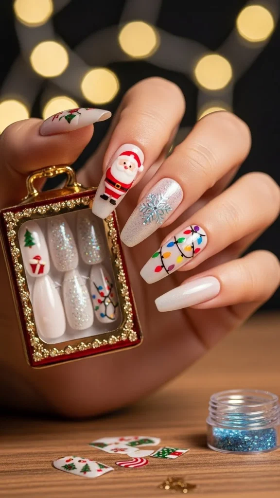 Santa Hat Nails: 25 Cute, Festive & Easy Christmas Nail Ideas🎄 18 Santa hat press-on nails displayed on a card, red glossy hats with fluffy white trim