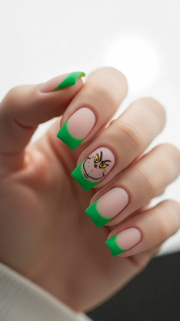 Grinch Nails: Festive Ideas, Designs & the Ultimate Christmas Nail Guide 13 Short nails with ultra-thin green French tips and one minimal Grinch face accent. Soft matte finish with neutral, softly blurred background and bright clean lighting for a simple festive look.