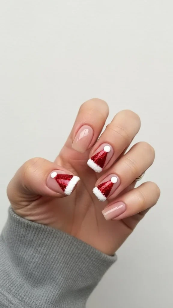 Santa Hat Nails: 25 Cute, Festive & Easy Christmas Nail Ideas🎄 26 Simple Santa hat nails with red triangle hats and small white dot pom-poms, clean nude base, short square nails,