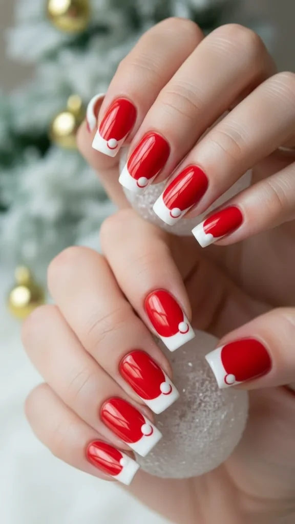 Santa Hat Nails: 25 Cute, Festive & Easy Christmas Nail Ideas🎄 14 Square Santa hat nails with crisp red hat shapes and sharp white trim, glossy finish,