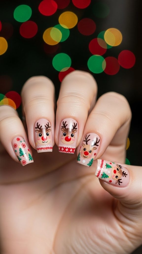 Reindeer Nails: 35 Charming Christmas Nail Designs Inspired by Rudolph, Winter Forests & Holiday Magic 36 Reindeer nail stickers and wraps featuring cute reindeer faces, antlers, and holiday patterns on clean nude nails,