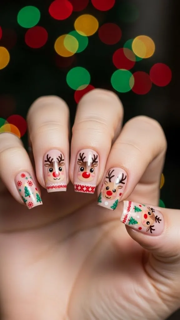 Reindeer nail stickers and wraps featuring cute reindeer faces, antlers, and holiday patterns on clean nude nails,