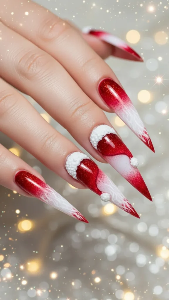 Santa Hat Nails: 25 Cute, Festive & Easy Christmas Nail Ideas🎄 15 Stiletto Santa hat nails with long pointed shapes, red ombre hats, glitter shading, white fluffy trim