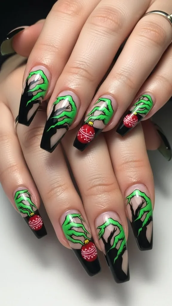 Grinch Nails: Festive Ideas, Designs & the Ultimate Christmas Nail Guide 3 Long coffin nails featuring minimalist Grinch hand nail art, with curling green fingers holding a single red Christmas ornament. Matte green base, cartoon-style detailing, captured in bright macro lighting for a festive holiday look.