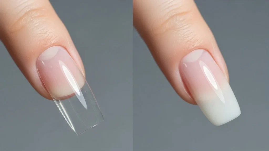 What Are Gel-X Nails? 2 Gel-X nail extensions showing full-cover soft gel tips attached to natural nails, transparent gel tip structure visible