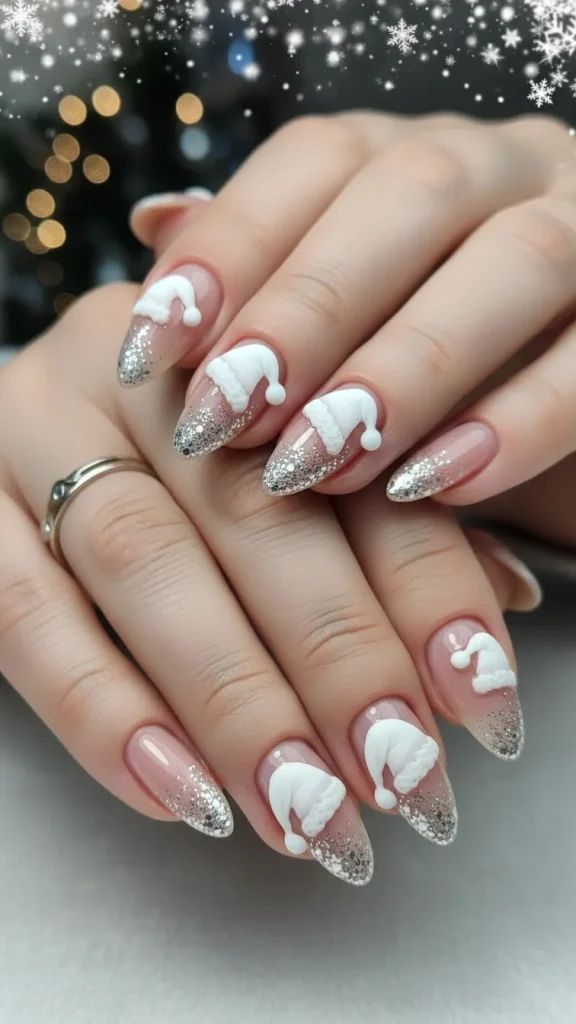 Santa Hat Nails: 25 Cute, Festive & Easy Christmas Nail Ideas🎄 10 White Santa hat nails with snowy matte white hats and tiny glitter accents on a soft nude base, short almond nails