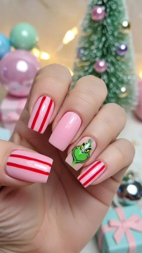 Grinch Nails: Festive Ideas, Designs & the Ultimate Christmas Nail Guide 7 Medium square nails in bubble-gum pink with red candy-stripe accents. One nail shows a minimal green Grinch silhouette. Glossy finish with softly blurred pastel holiday decorations in the background.