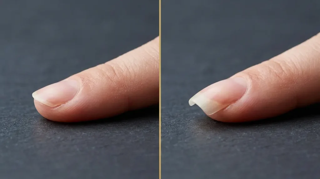 Nail bed shape compared: a flat nail bed on the left, a strongly curved nail bed on the right, seen side on.