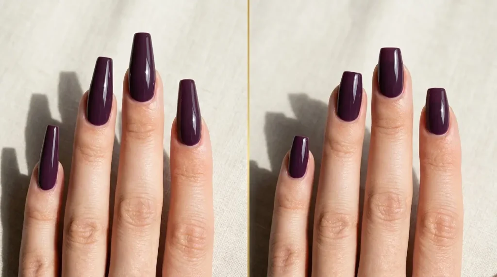 Gel-X nail shape after fills: a long coffin shape on the left, the shorter blunter tapered square it becomes.