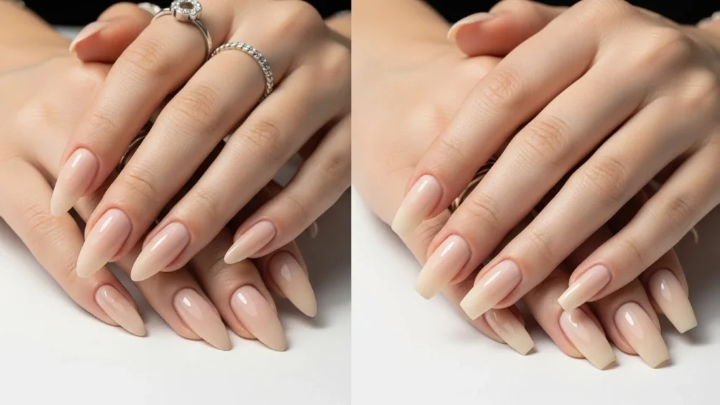 Gel-X vs Acrylic Nails: Which Nail Extensions Are Right for You? 29 Gel-X nails on one hand and acrylic nails on the other, same almond shape and neutral nude color for fair comparison