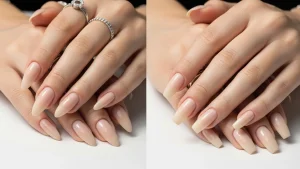 Gel-X nails on one hand and acrylic nails on the other, same almond shape and neutral nude color for fair comparison