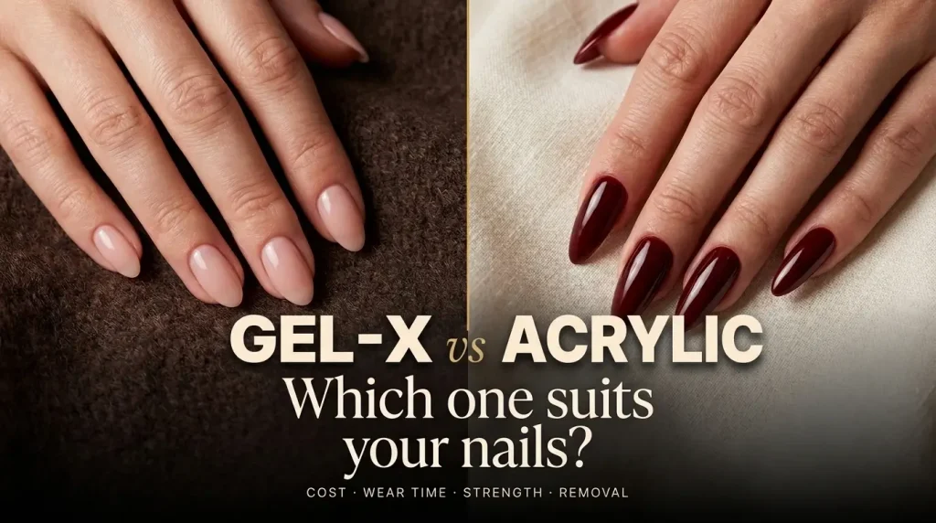 Gel-X vs acrylic nails compared side by side — short nude Gel-X nails on the left, long dark red acrylic nails on the right.