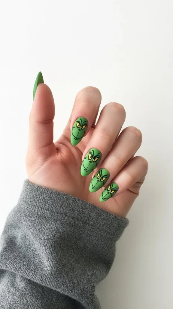 Grinch Nails: Festive Ideas, Designs & the Ultimate Christmas Nail Guide 28 Medium almond nails featuring a hand-painted Grinch face with detailed yellow eyes and black cartoon outlines on a matte green background,