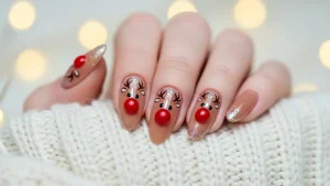 festive nail art featuring adorable reindeer nails with big expressive eyes, shiny red noses, fluffy snow accents