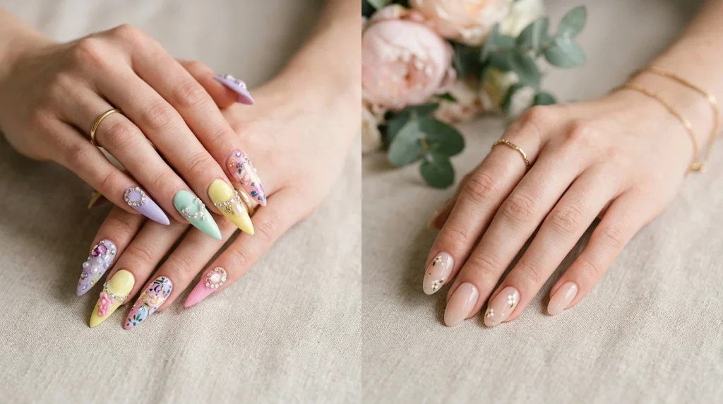 feminine hands showing outdated Spring 2026 nail trends with heavy nail art, thick opaque pastels, rhinestones, and long sharp extensions contrasted with modern minimal nails featuring sheer finishes, subtle details, tiny floral art and shorter natural shapes