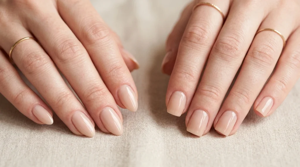 short almond and soft square nail shapes with sheer nude polish for spring 2026