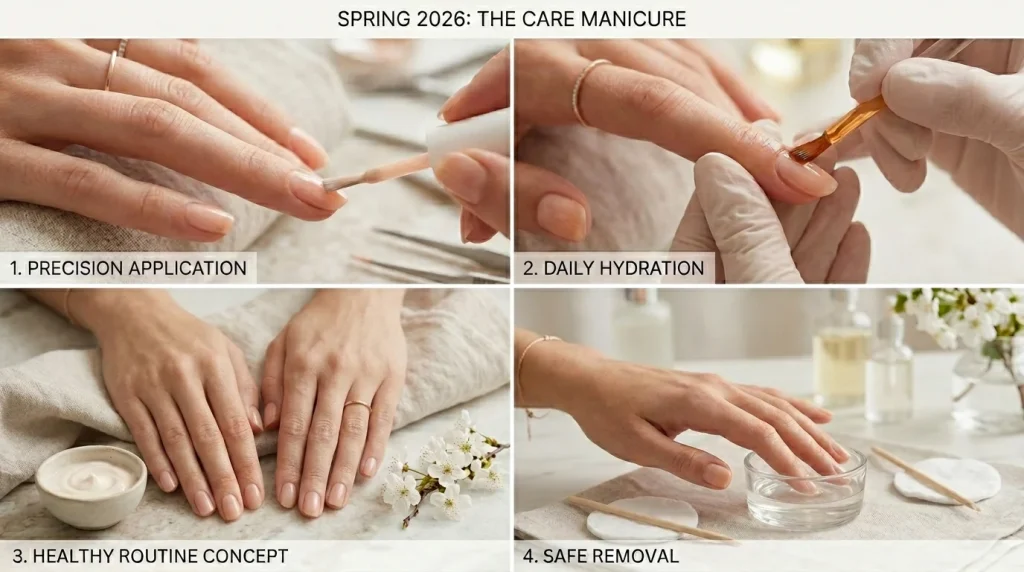 image of feminine hands in a nail care routine showing Spring 2026 application and maintenance steps, including thin flexible gel layering, daily cuticle oil hydration, gentle soak-off removal, and healthy nail protection practices under soft spa-like natural lighting.