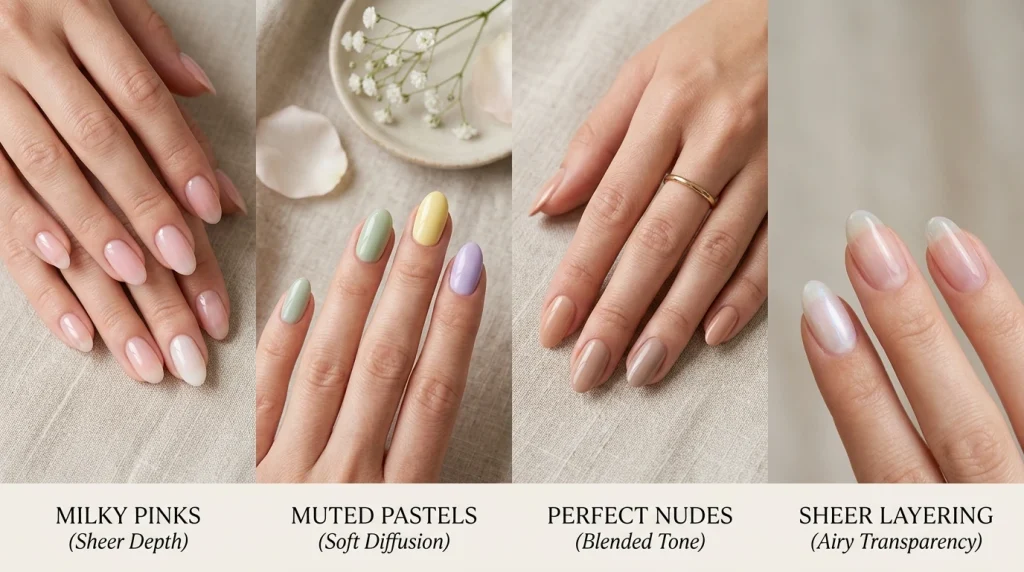 feminine nails showcasing Spring 2026 color trends, including milky pinks, soft blush, muted pastels like lavender, sage and butter yellow, and undertone-matched nude shades, with sheer layering and glossy finishes