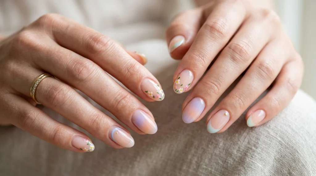 feminine hands featuring Spring 2026 nail designs, including micro florals, thin soft French tips with faded edges, airy aura gradients, and negative space detailing, styled with soft natural lighting and a minimal blurred background for a clean, modern beauty aesthetic.