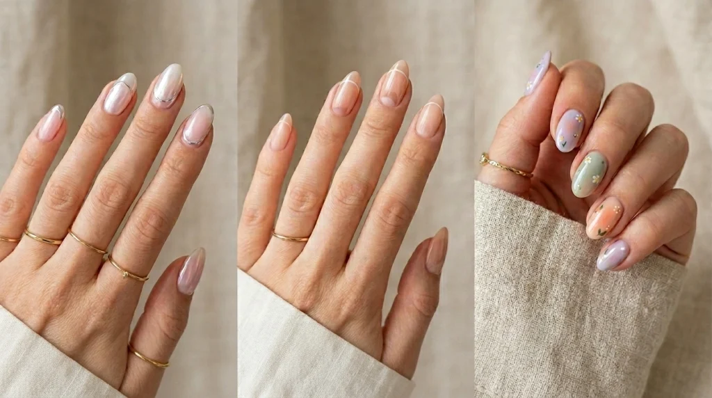 feminine nails showcasing Spring 2026 aesthetic directions, including Soft Luxury with sheer pinks and chrome accents, Clean Minimal with nude tones and micro French tips, and Playful Detail with muted pastels, tiny florals, and soft gradients, arranged in a clean, minimal beauty