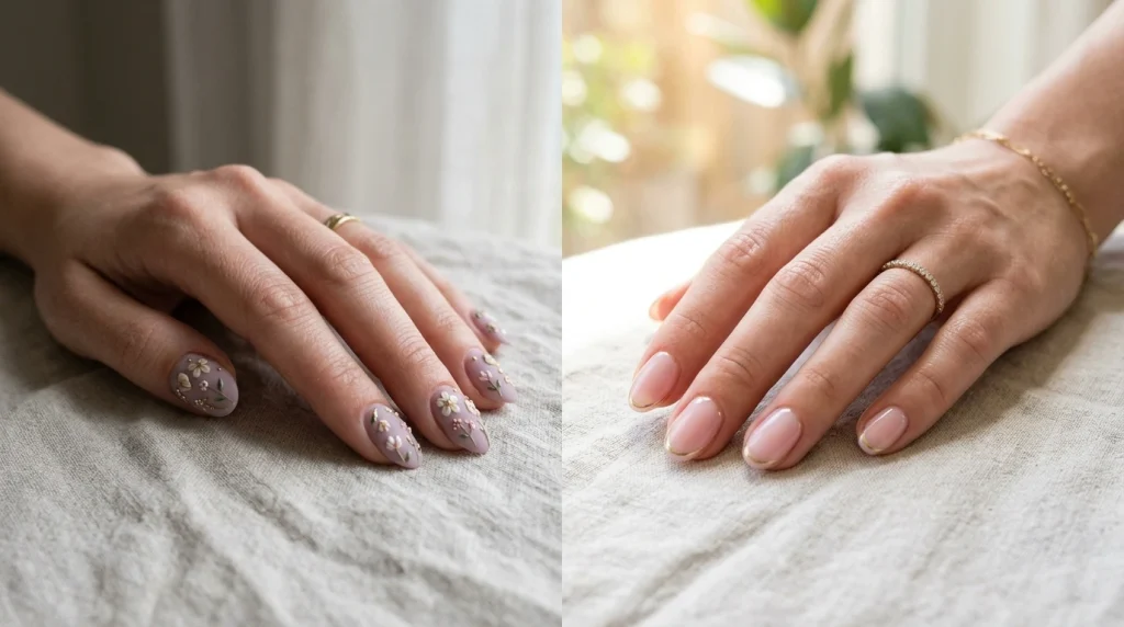 Side-by-side comparison of heavier opaque nail polish and modern sheer glossy nails with soft chrome detail for spring 2026