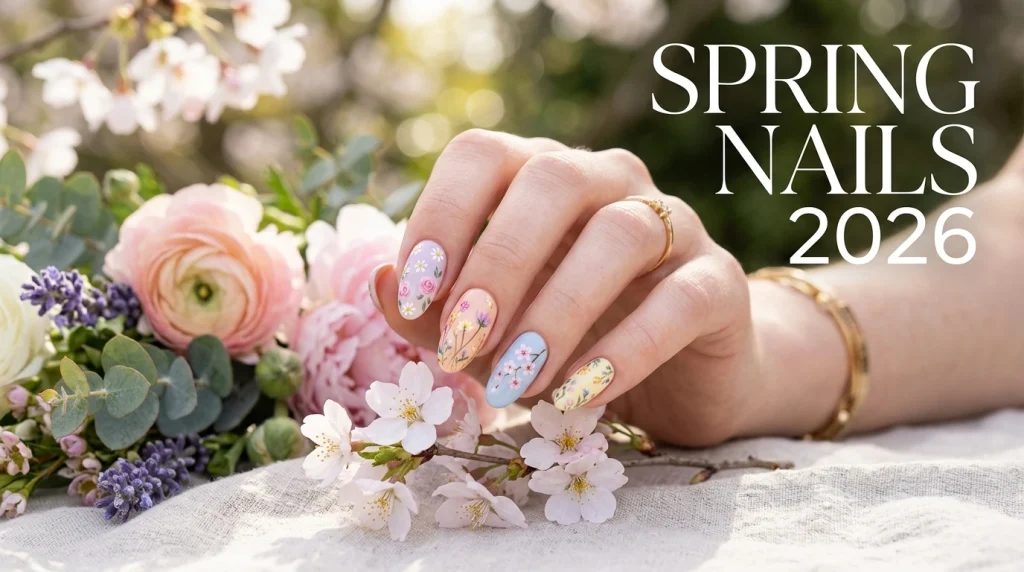 spring nails 2026 with pastel colors and floral nail design on glossy manicure