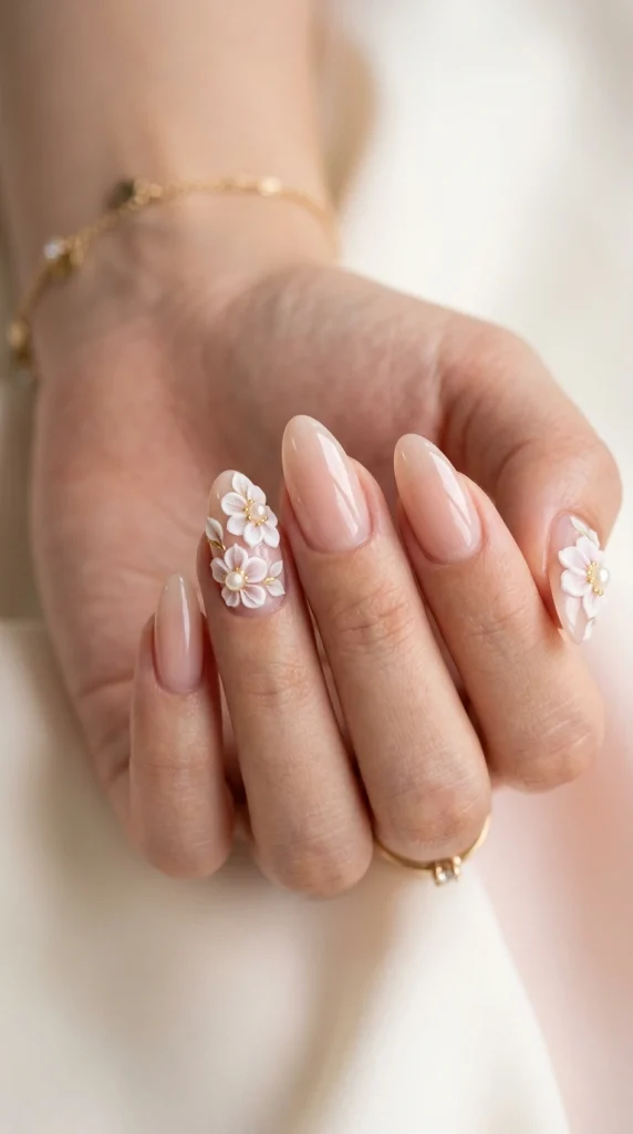 Close-up of almond nails with raised 3D floral embellishments and glossy nude polish.