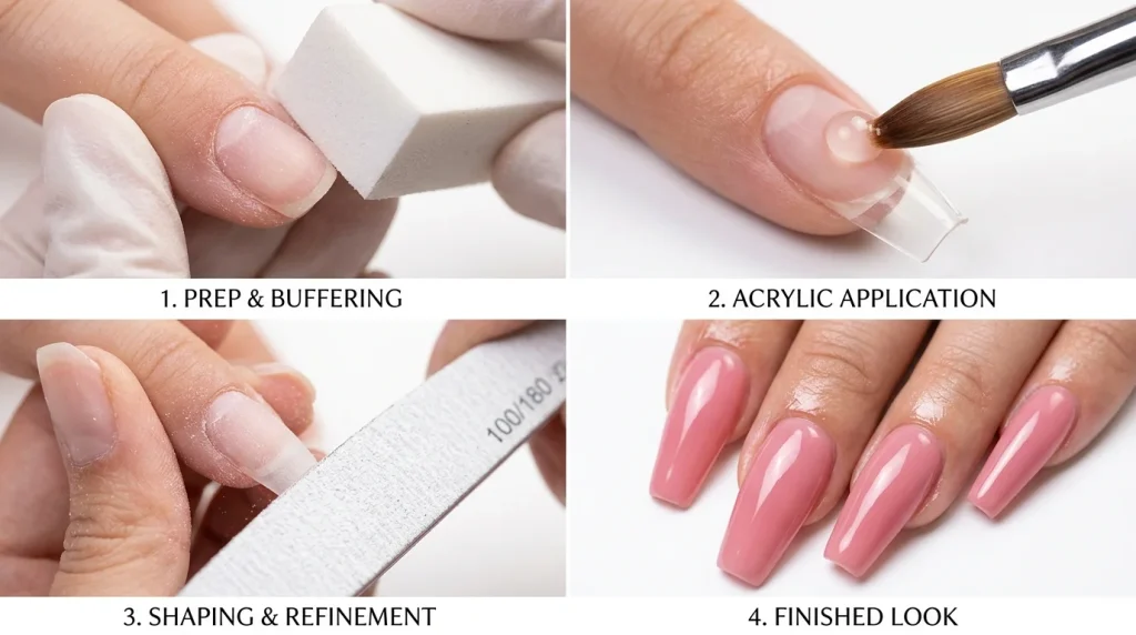 How Long Does a Full Set of Acrylic Nails Take in 2026? 3 steps of acrylic nail application from prep to final result