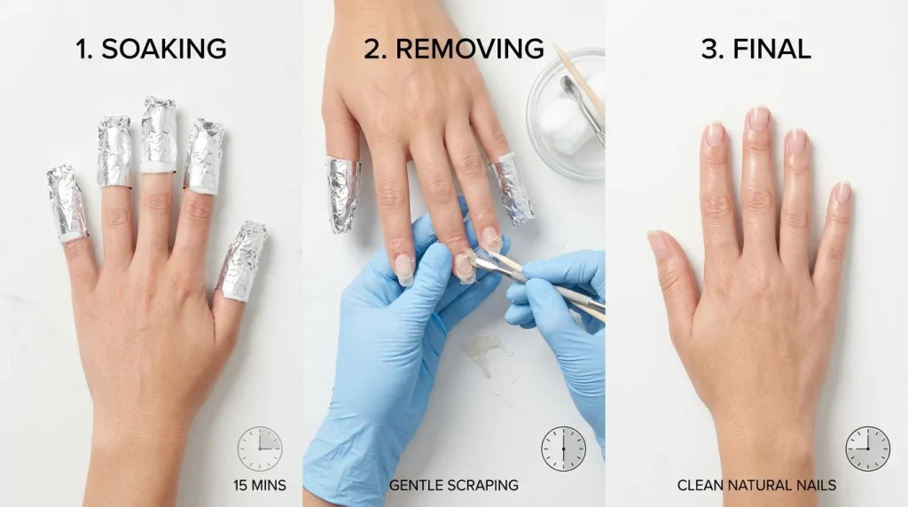 How Long Does a Full Set of Acrylic Nails Take in 2026? 8 step by step acrylic nail removal showing soaking process and final result
