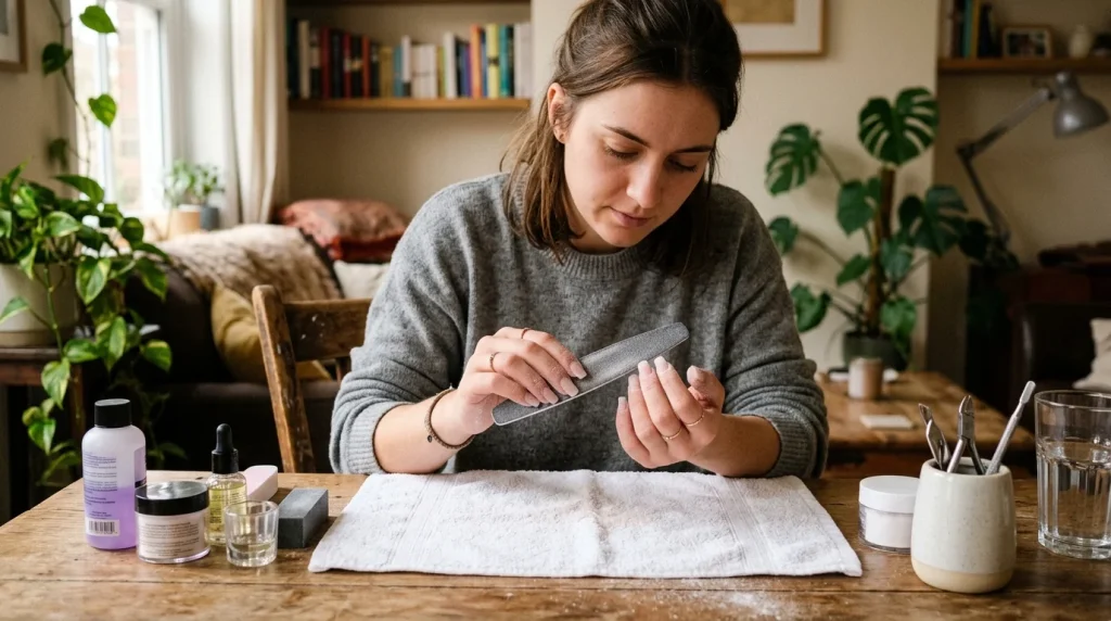How to Remove Acrylic Nails at Home Safely (Expert Guide for Beginners) 3 person filing acrylic nails at home before soaking in acetone