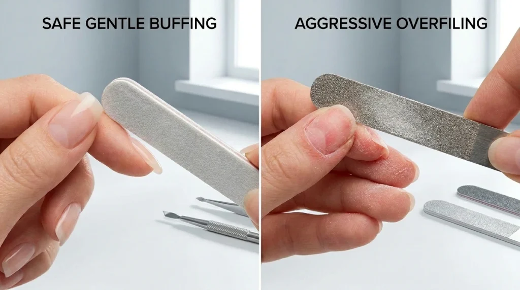 How to Remove Acrylic Nails Without Acetone (Safely at Home) 4 Comparison of gentle acrylic nail filing versus excessive overfiling to show safe nail removal technique and avoid damage