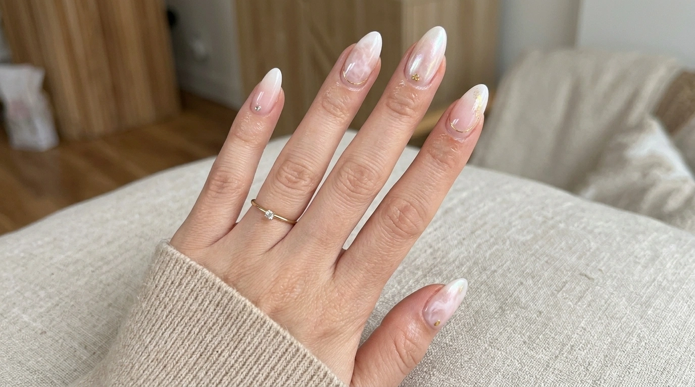 baby boomer ombré almond nails with a soft pink-to-white gradient, pearlescent chrome glow, and subtle cloud fade detail in a modern luxury bridal aesthetic.