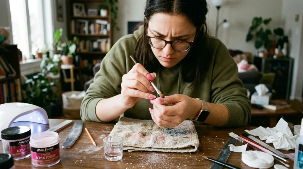 How Long Does a Full Set of Acrylic Nails Take in 2026? 5 person applying acrylic nails at home with non dominant hand difficulty