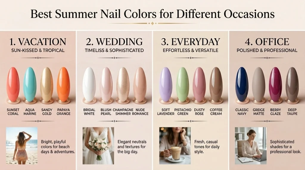 Summer Nail Colors 2026: 25 Trending Shades to Wear This Season 29 Infographic showing the best summer nail colors for vacations, weddings, everyday wear, and office-friendly manicures.