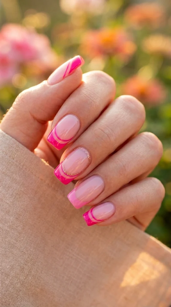 Summer French Tip Nail Designs 2026: 35 Classy, Colorful & Trendy Ideas 12 Squoval nails with glossy hot pink double French tips and rose gold detailing