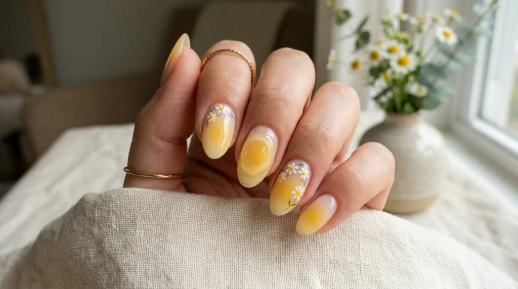 butter yellow aura nails with soft floral accents and glossy finish in warm golden-hour lighting, styled in a soft feminine aesthetic