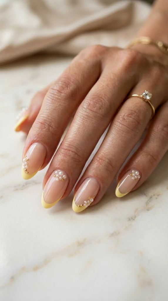 Summer French Tip Nail Designs 2026: 35 Classy, Colorful & Trendy Ideas 3 Almond nails with butter yellow French tips with minimal design elements and a glossy milky nude base