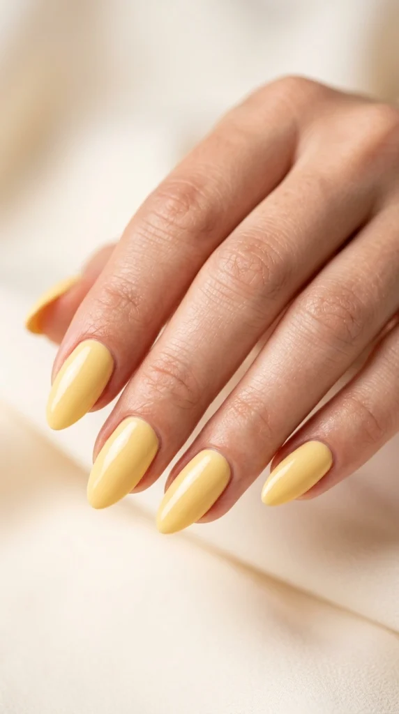 Summer Nail Colors 2026: 25 Trending Shades to Wear This Season 3 Glossy butter yellow almond nails in a close-up beauty photo, trending summer nail color for 2026.