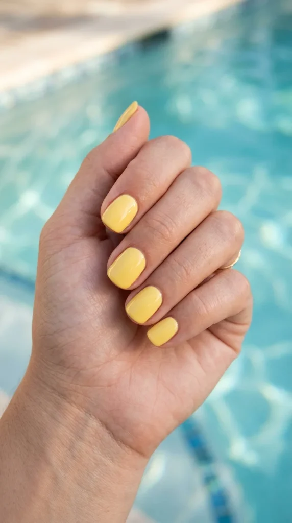 Short rounded butter yellow nails with glossy finish photographed against a soft aqua summer backdrop.