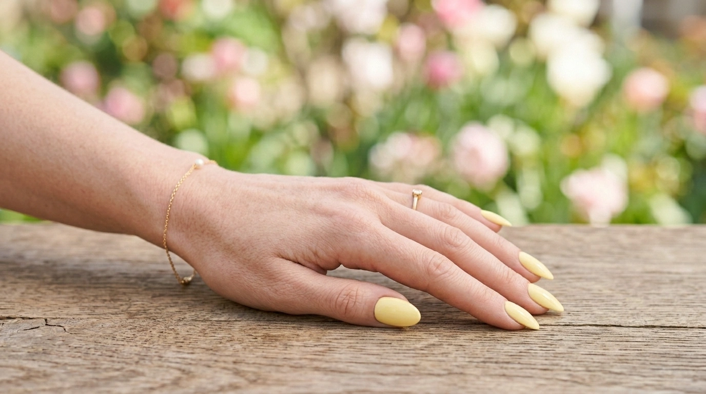 Hand with butter yellow nails resting on a sunlit wooden table in a warm spring setting