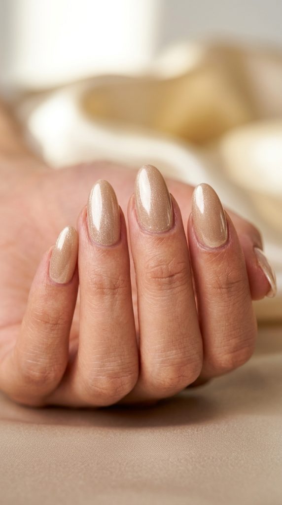 Soft champagne shimmer almond nails with a glossy finish, an elegant sparkling summer nail color trend for 2026.